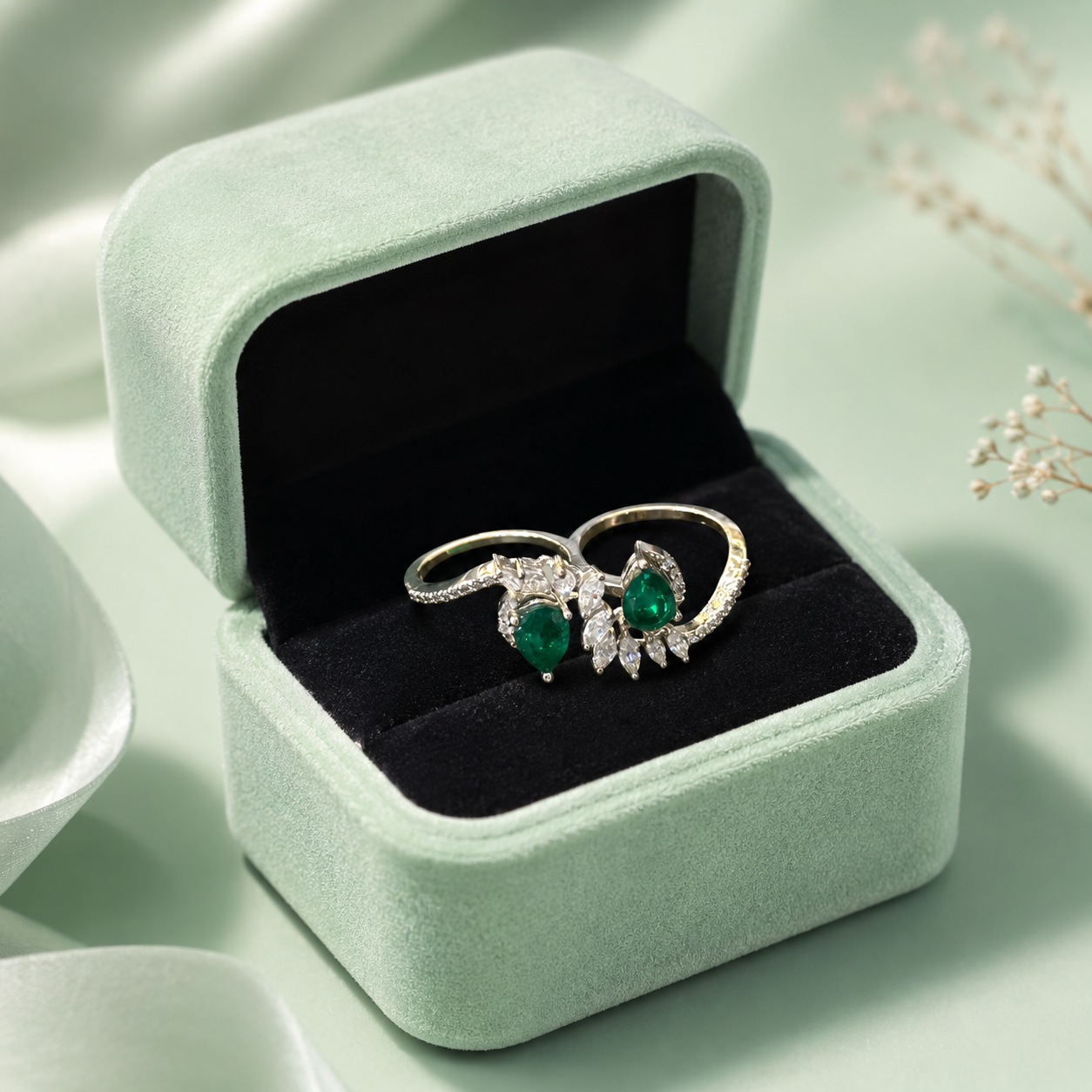 925 Sterling Silver Emerald Green Double Leaf Adjustable Ring for Women | Luxury CZ Statement Ring IRM3809