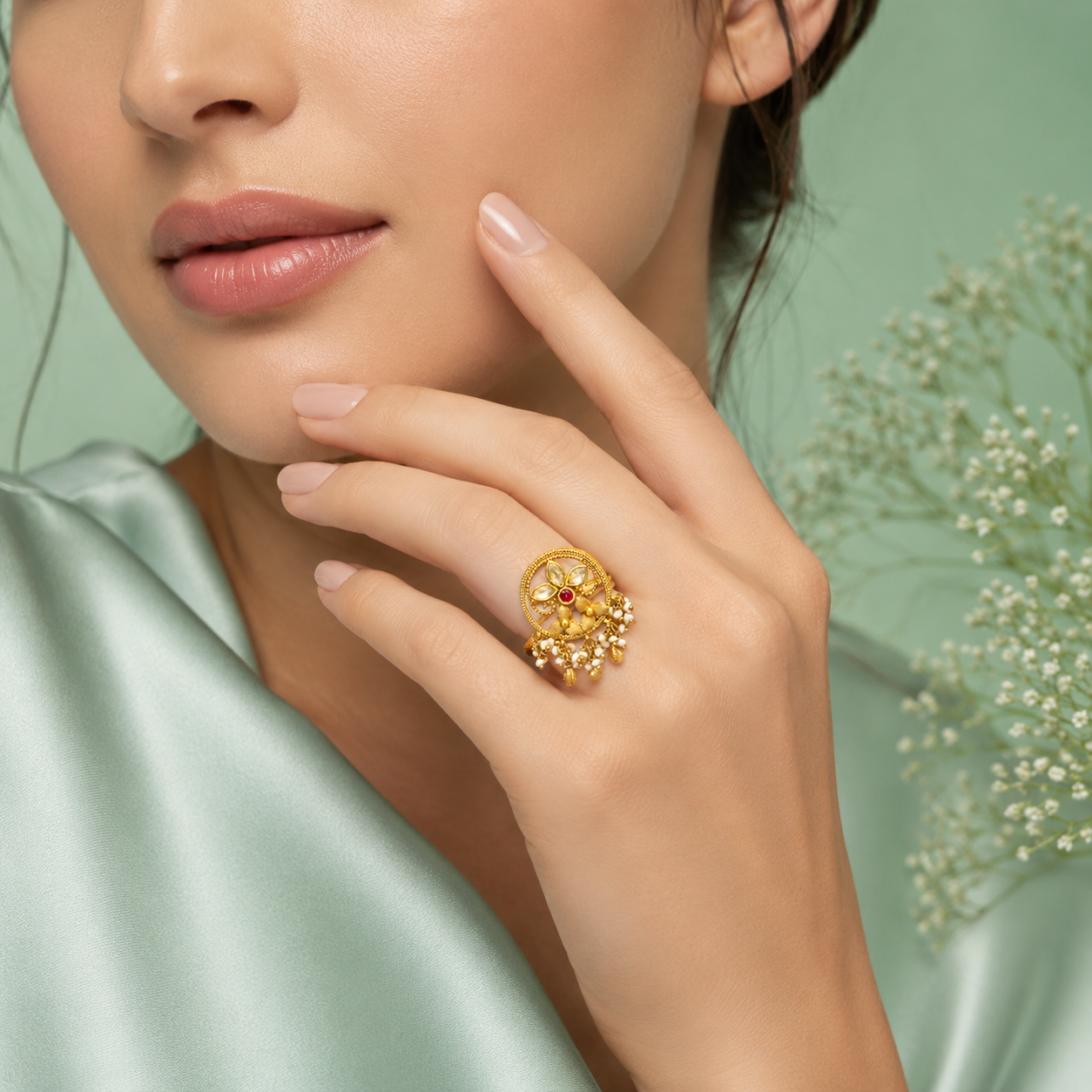 925 Sterling Silver Kundan Floral Pearl Drop Ring | Gold Finish Statement Ring for Women IRM3776