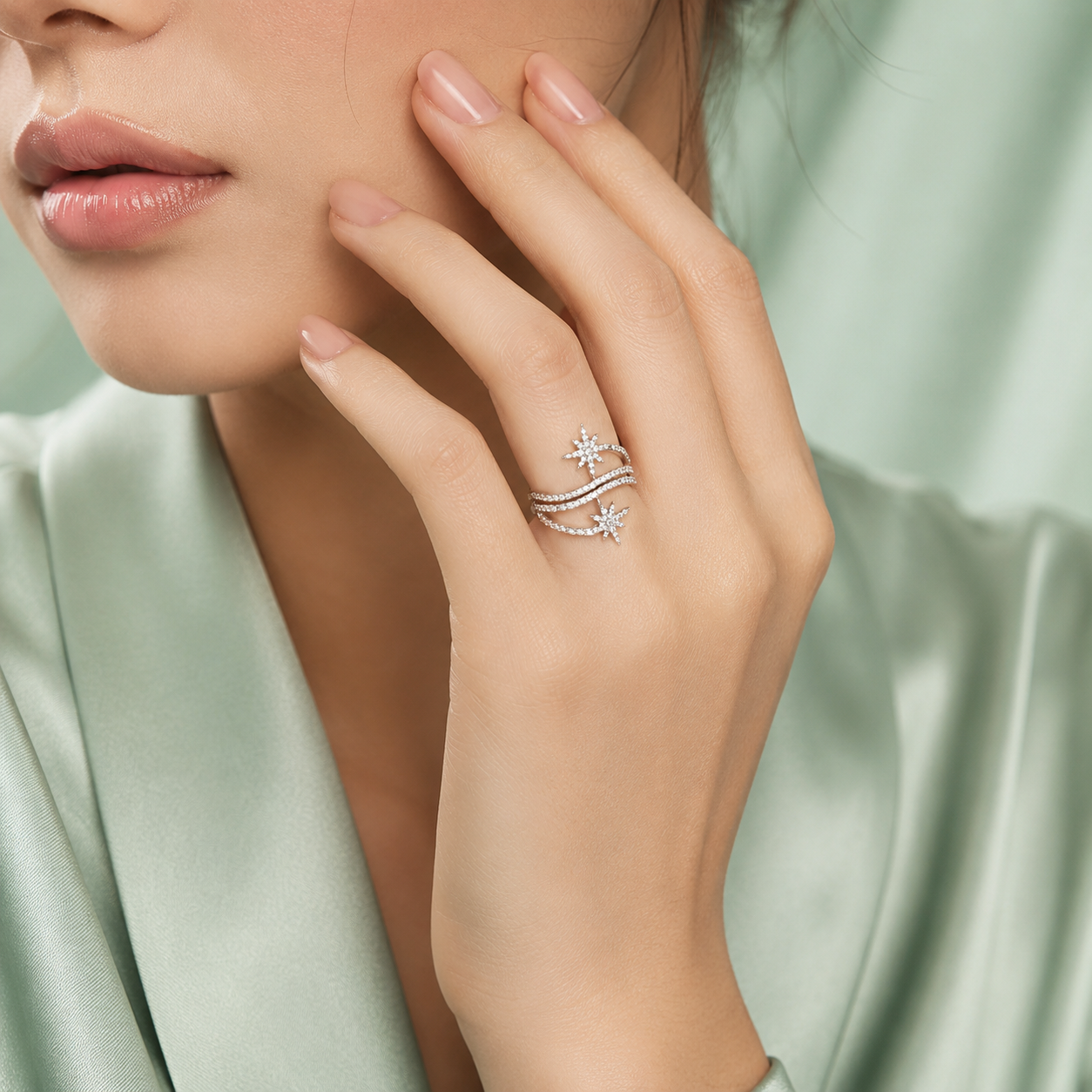 925 Pure Silver Celestial Star Open Ring for Women | Cubic Zirconia Adjustable Designer Ring IRM4249