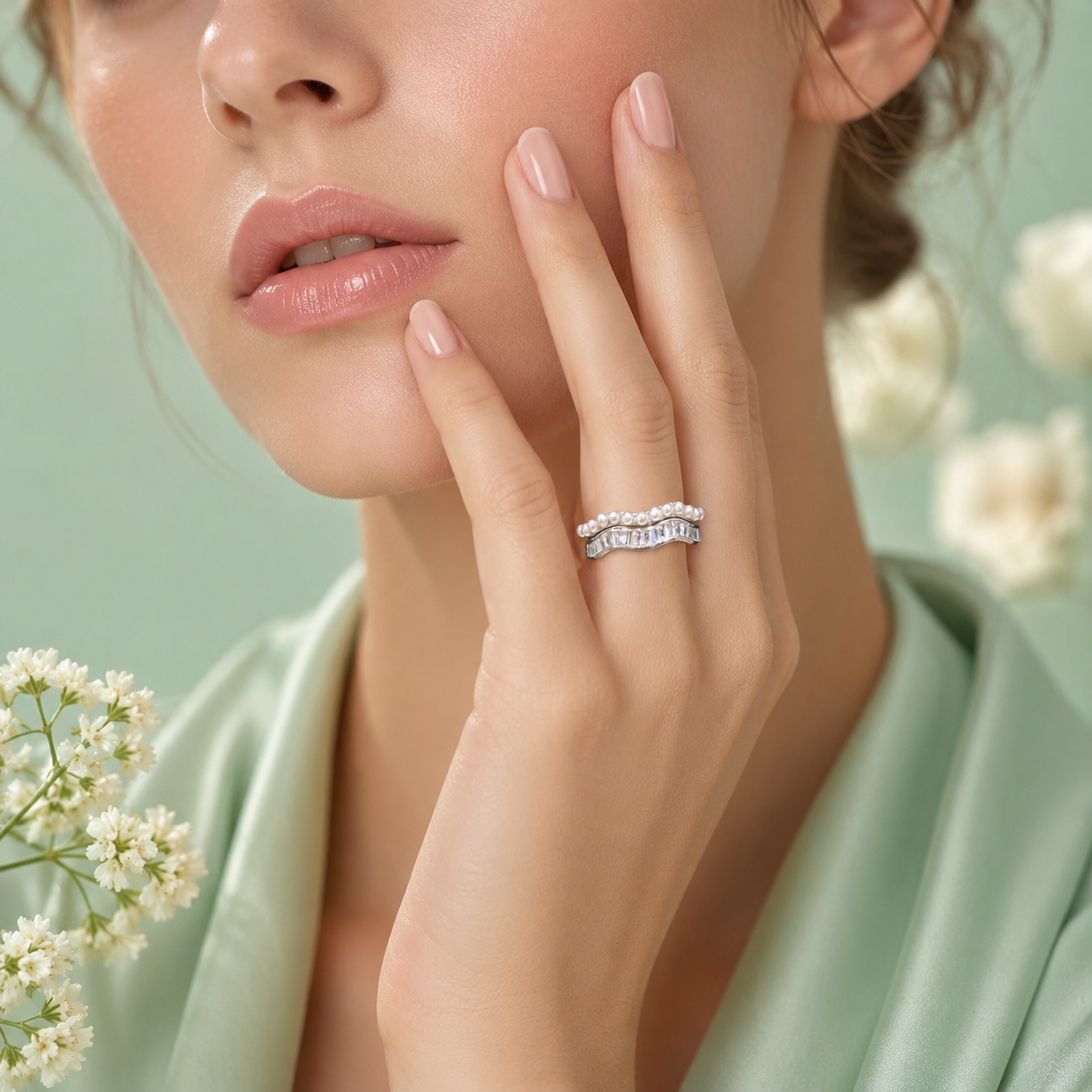 925 Pure Silver Pearl Wave Ring with Baguette Zircon Stones | Elegant Women's Adjustable Ring IRM4132