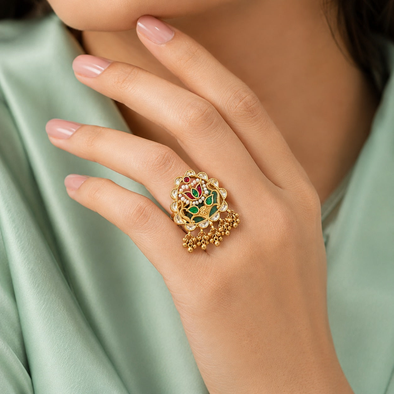 925 Pure Silver Traditional Lotus Kundan Ring with Pearl & Green-Red Stone Detailing IRM4259
