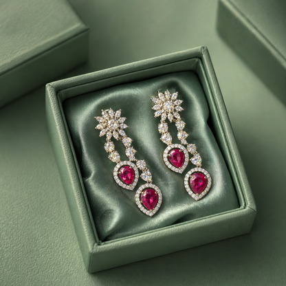 Ruby Double Teardrop Diamond Drop Earrings in 925 Sterling Silver STB1429