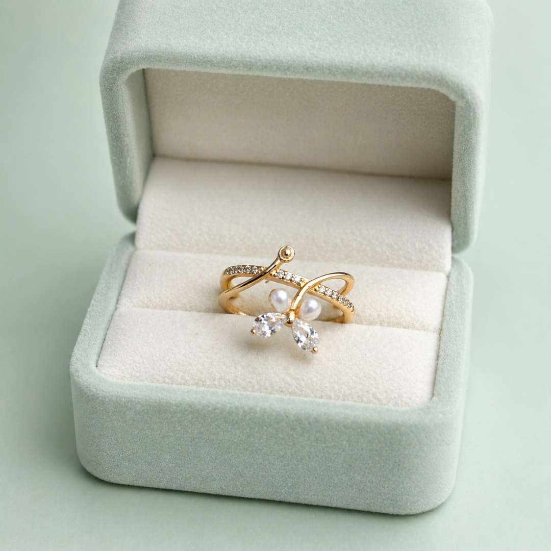 925 Silver Pearl Butterfly Open Ring (Gold Finish) IRM4037