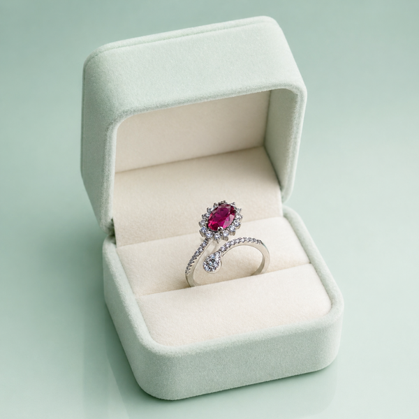 925 Silver Pink Oval Halo Adjustable Ring