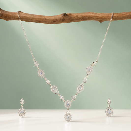 925 Silver Floral Diamond-Look Necklace Set with Drop Pendant SET994