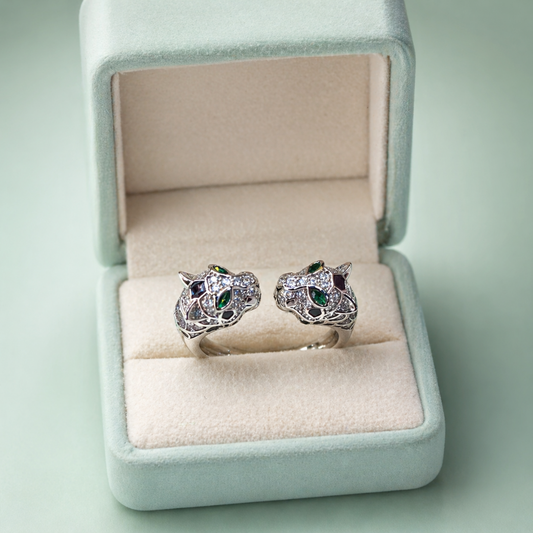 925 Silver Twin Panther Head Adjustable Statement Ring IRM3943