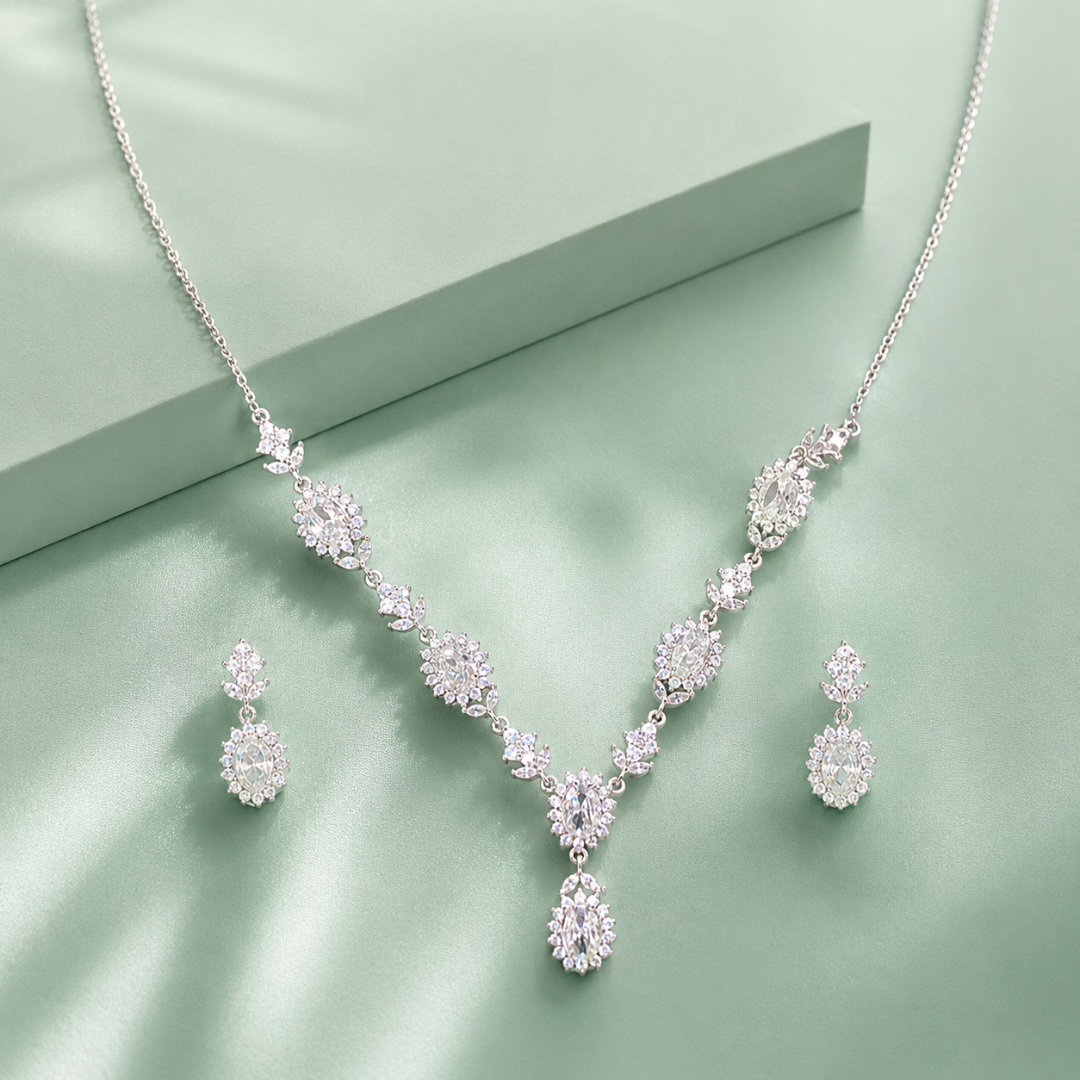 925 Silver Floral Diamond-Look Necklace Set with Drop Pendant SET994