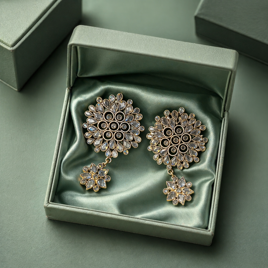 Floral Kundan Style Drop Earrings in 925 Sterling Silver STB1395