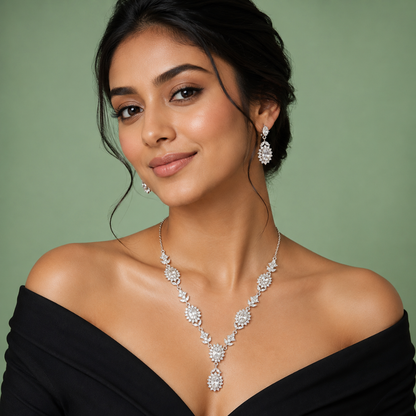 925 Silver Floral Diamond-Look Necklace Set with Drop Pendant SET994