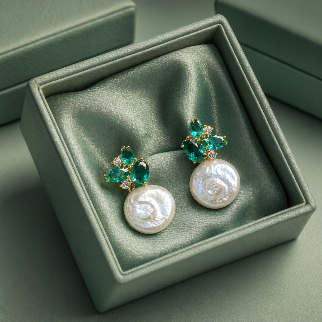 Emerald Green Crystal & Baroque Pearl Drop Earrings in 925 Sterling Silver STB1499