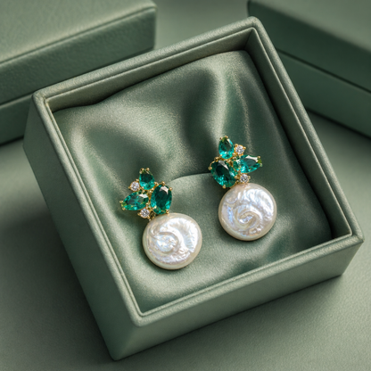 Emerald Green Crystal & Baroque Pearl Drop Earrings in 925 Sterling Silver STB1499
