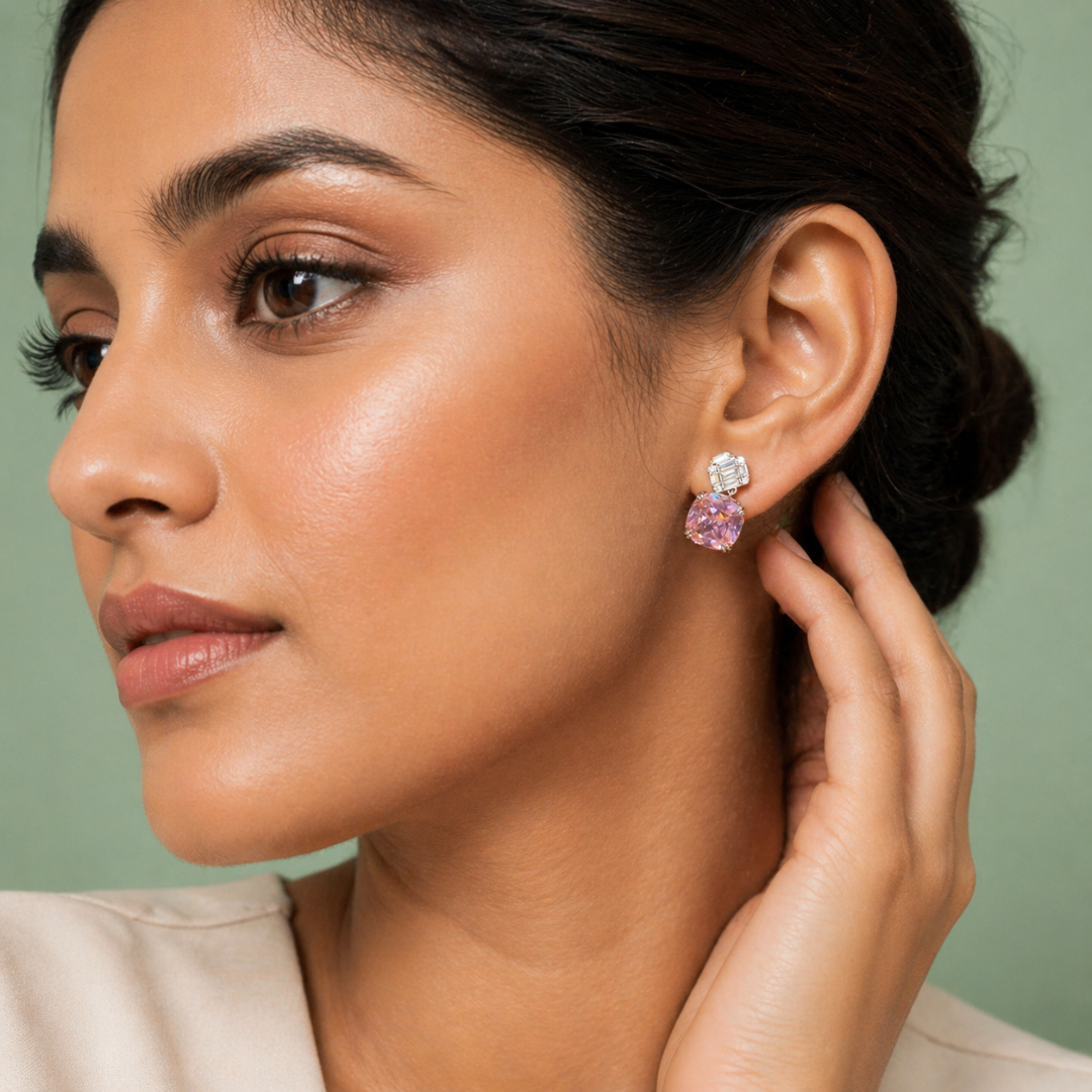 Cushion Cut Pink Crystal Drop Earrings in 925 Sterling Silver STB1514