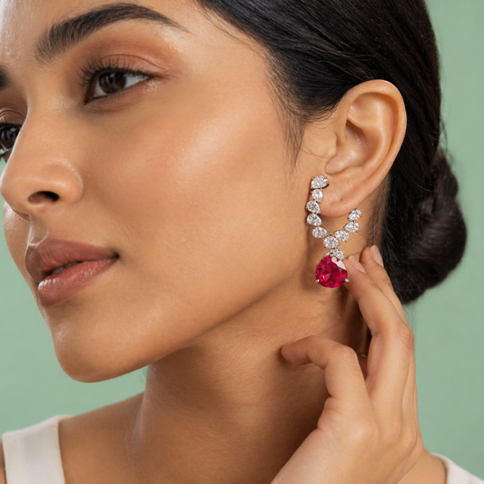 Ruby Teardrop Diamond Curve Earrings in 925 Sterling Silver STB1427