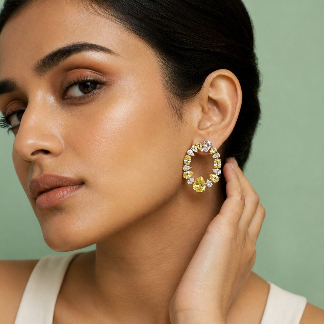 Yellow Crystal Halo Drop Earrings in 925 Sterling Silver STB1520