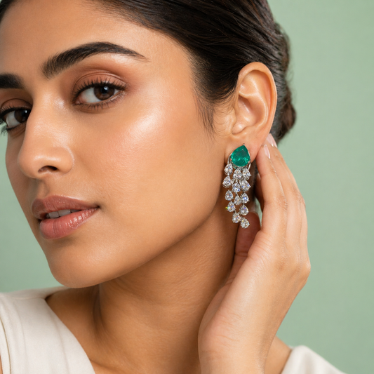 Emerald Teardrop Diamond Cascade Earrings in 925 Sterling Silver STB1430