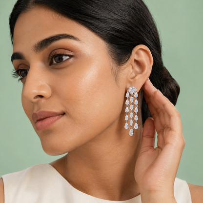 Diamond Cascade Long Drop Earrings in 925 Sterling Silver STB1424