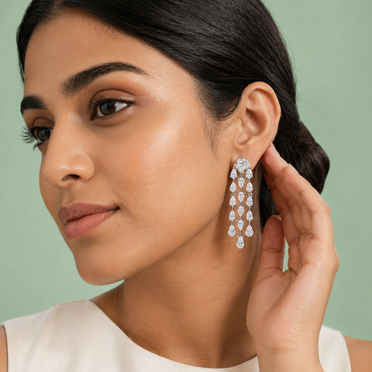 Diamond Cascade Long Drop Earrings in 925 Sterling Silver STB1424