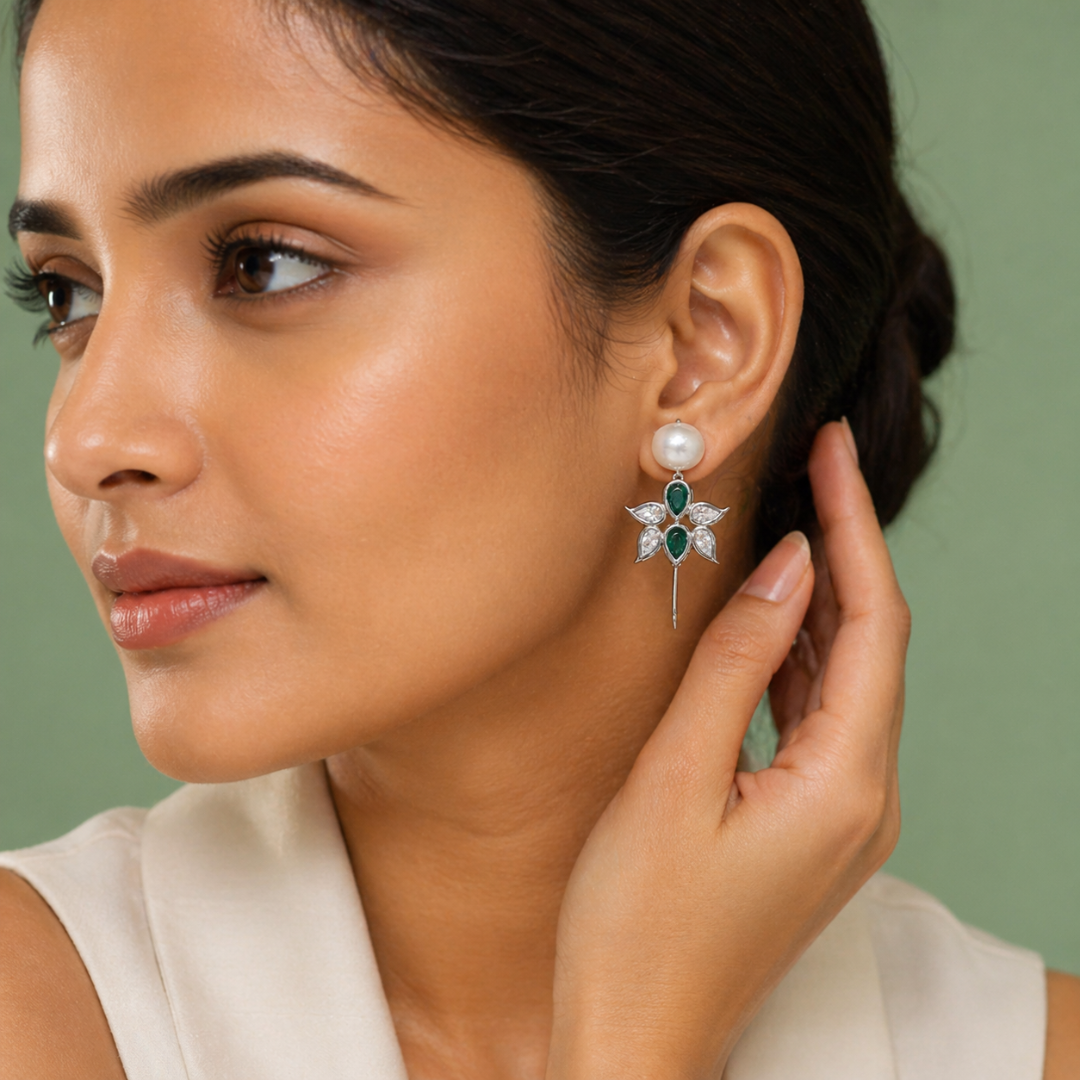Pearl Floral Emerald Drop Earrings in 925 Sterling Silver STB1552
