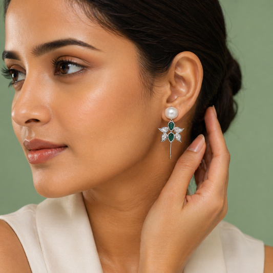 Pearl Floral Emerald Drop Earrings in 925 Sterling Silver STB1552