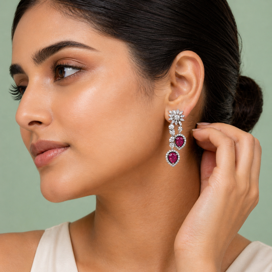 Ruby Double Teardrop Diamond Drop Earrings in 925 Sterling Silver STB1429