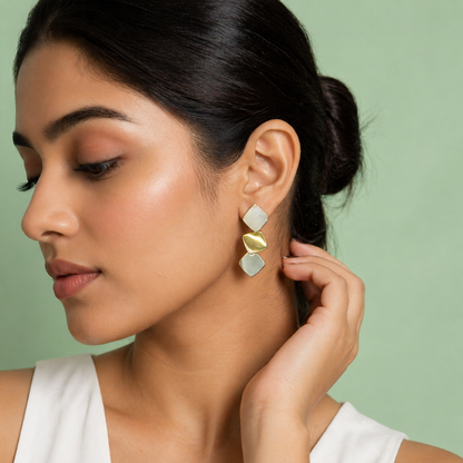 Geometric Dual-Tone Square Drop Earrings in 925 Sterling Silver STB1348