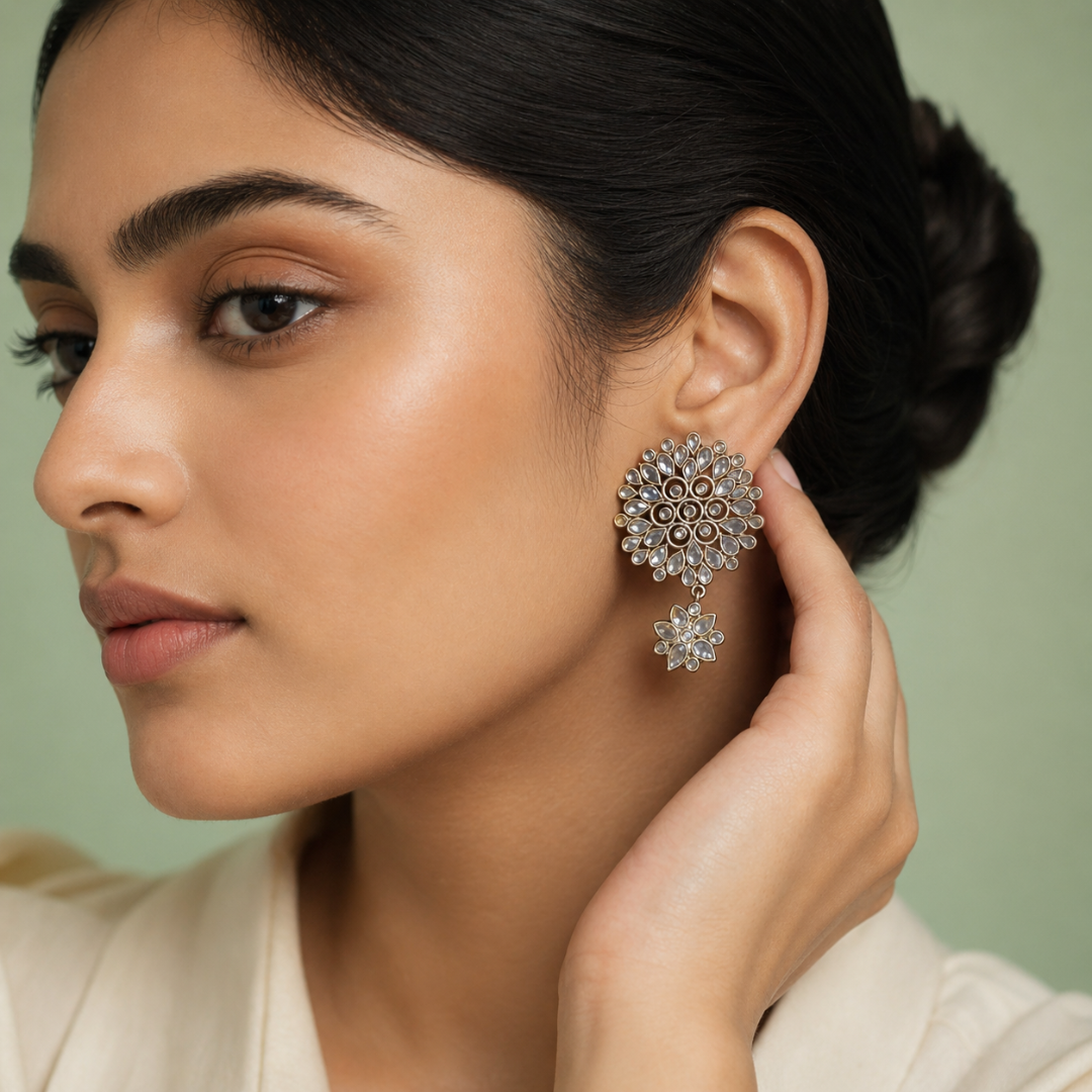Floral Kundan Style Drop Earrings in 925 Sterling Silver STB1395