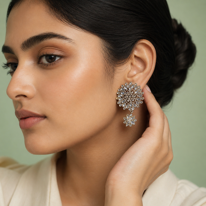 Floral Kundan Style Drop Earrings in 925 Sterling Silver STB1395