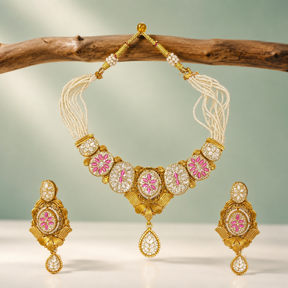 Temple Style Pearl Beaded Necklace Set with Pink Stone Floral Design SET1007