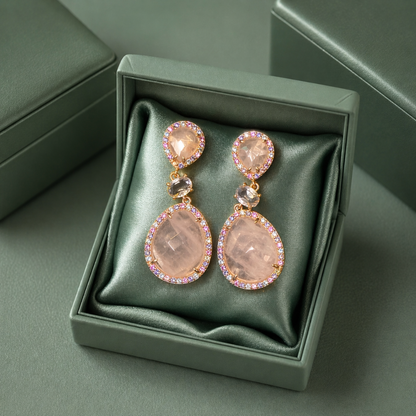 Blush Pink Crystal Halo Drop Earrings in 925 Sterling Silver STB - 1482