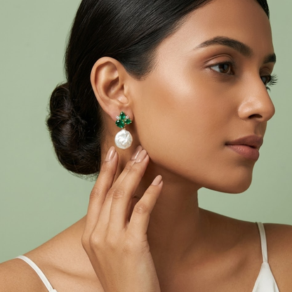 Emerald Green Crystal & Baroque Pearl Drop Earrings in 925 Sterling Silver STB1499