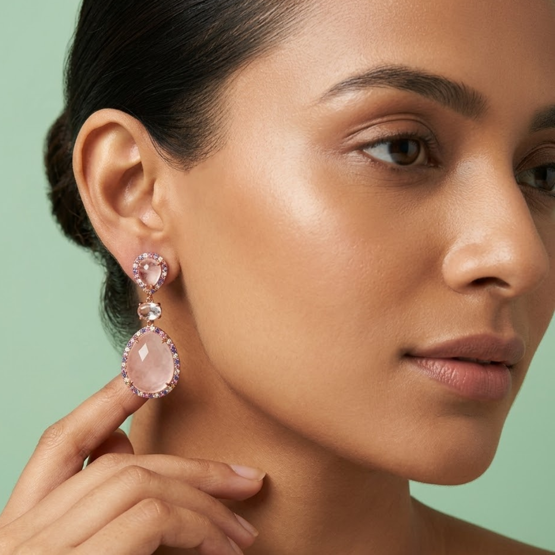 Blush Pink Crystal Halo Drop Earrings in 925 Sterling Silver STB - 1482