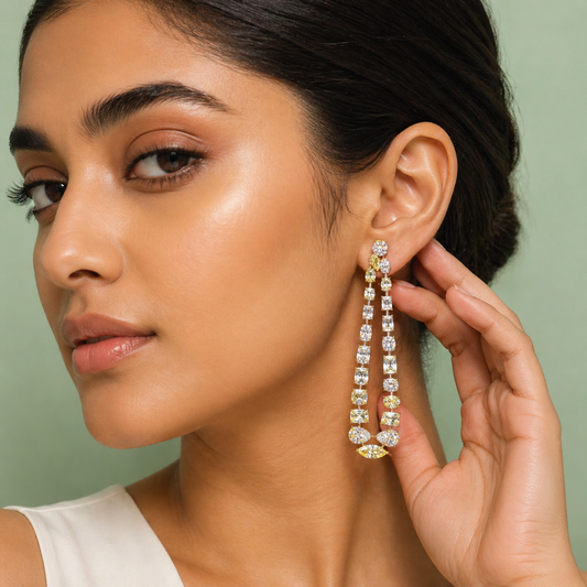 Yellow & White Crystal Long Drop Earrings in 925 Sterling Silver STB - 1470