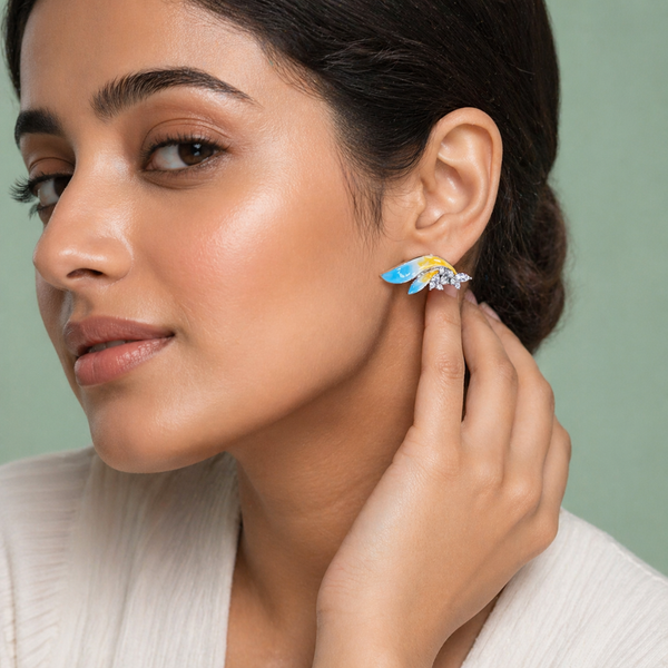 Blue & Yellow Enamel Leaf Crystal Earrings in 925 Sterling Silver STB - 1700