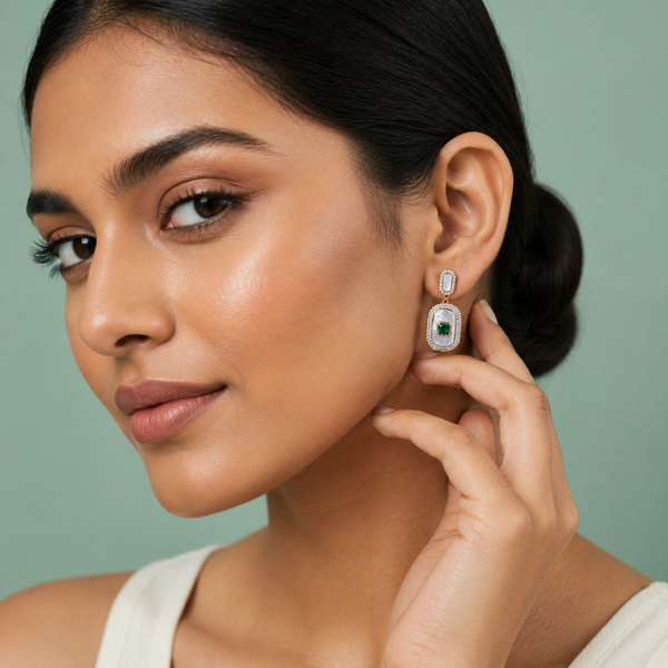 Emerald Green Stone & Mother of Pearl Halo Drop Earrings in 925 Sterling Silver STB - 1727