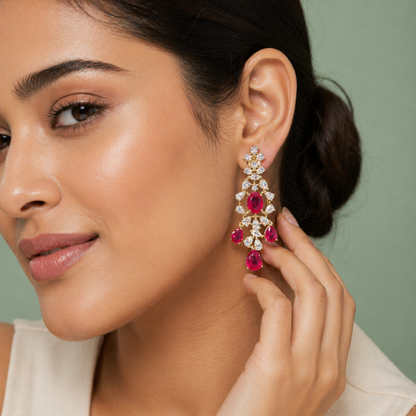 Ruby Red Stone Statement Chandelier Earrings in 925 Sterling Silver STB - 1422