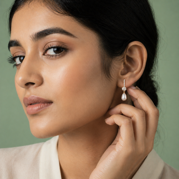 Classic Pearl Drop Earrings with Crystal Bar in 925 Sterling Silver