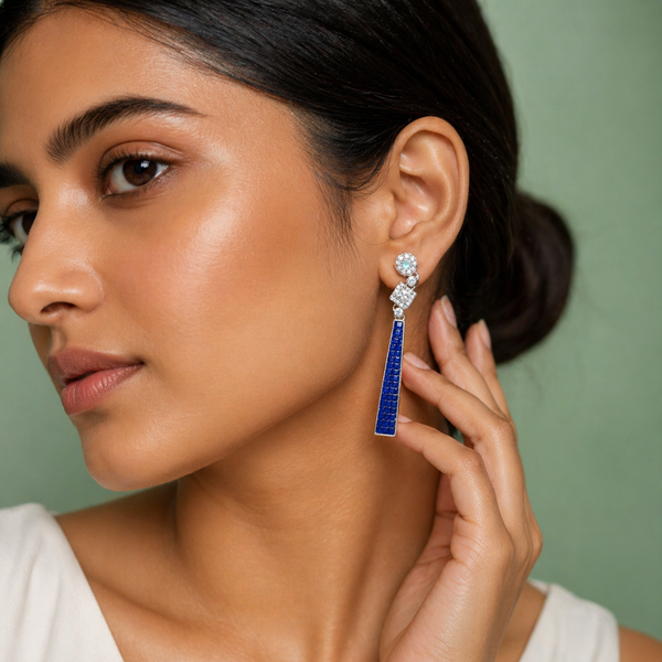 Blue Stone Bar Drop Earrings with Crystal Accents in 925 Sterling Silver STB - 1355