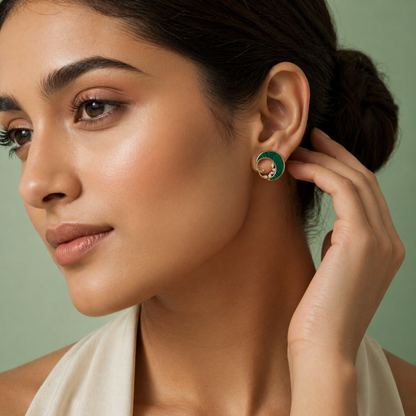 Green Enamel Spiral Hoop Earrings with Diamond Accents in 925 Sterling Silver STB - 1314