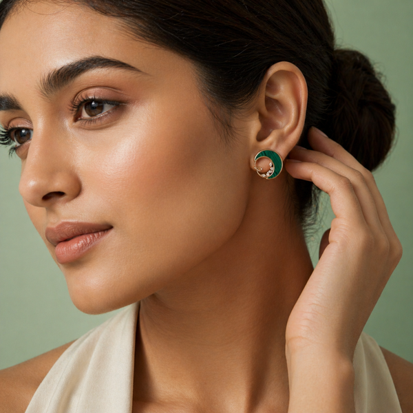 Green Enamel Spiral Hoop Earrings with Diamond Accents in 925 Sterling Silver STB - 1314