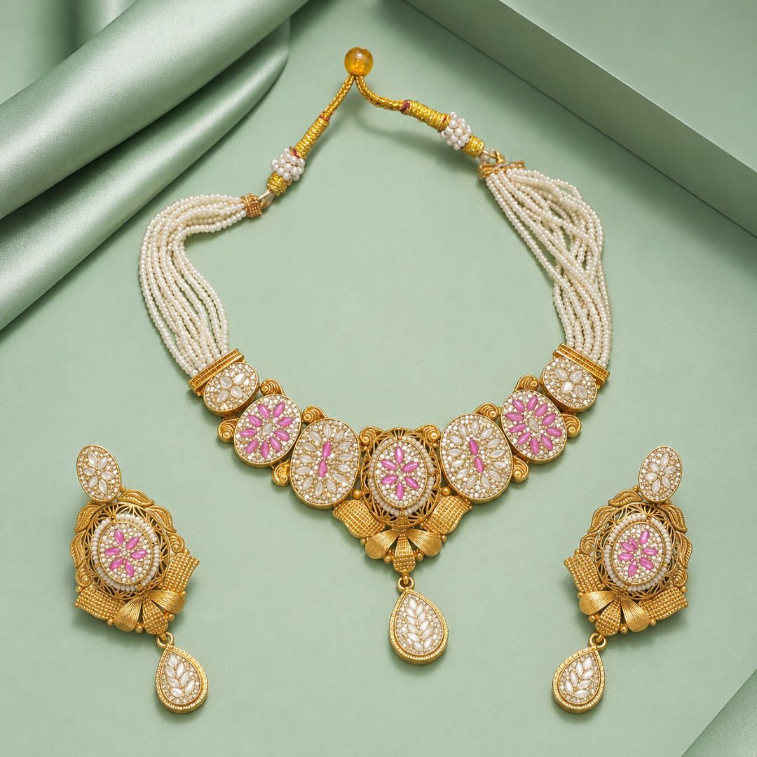 Temple Style Pearl Beaded Necklace Set with Pink Stone Floral Design SET1007