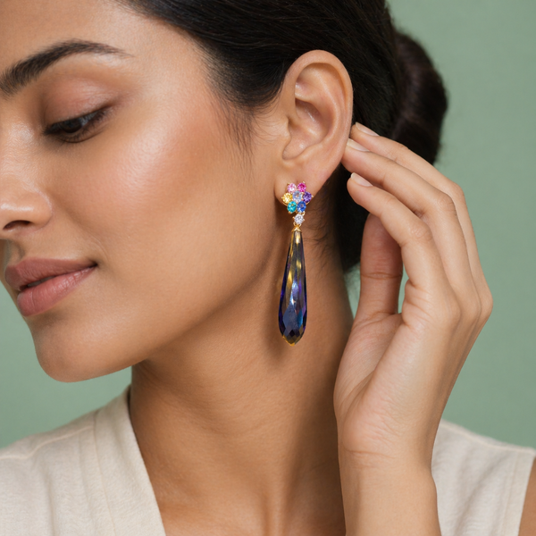 Multicolor Floral Top with Violet Crystal Drop Earrings in 925 Sterling Silver STB - 1491