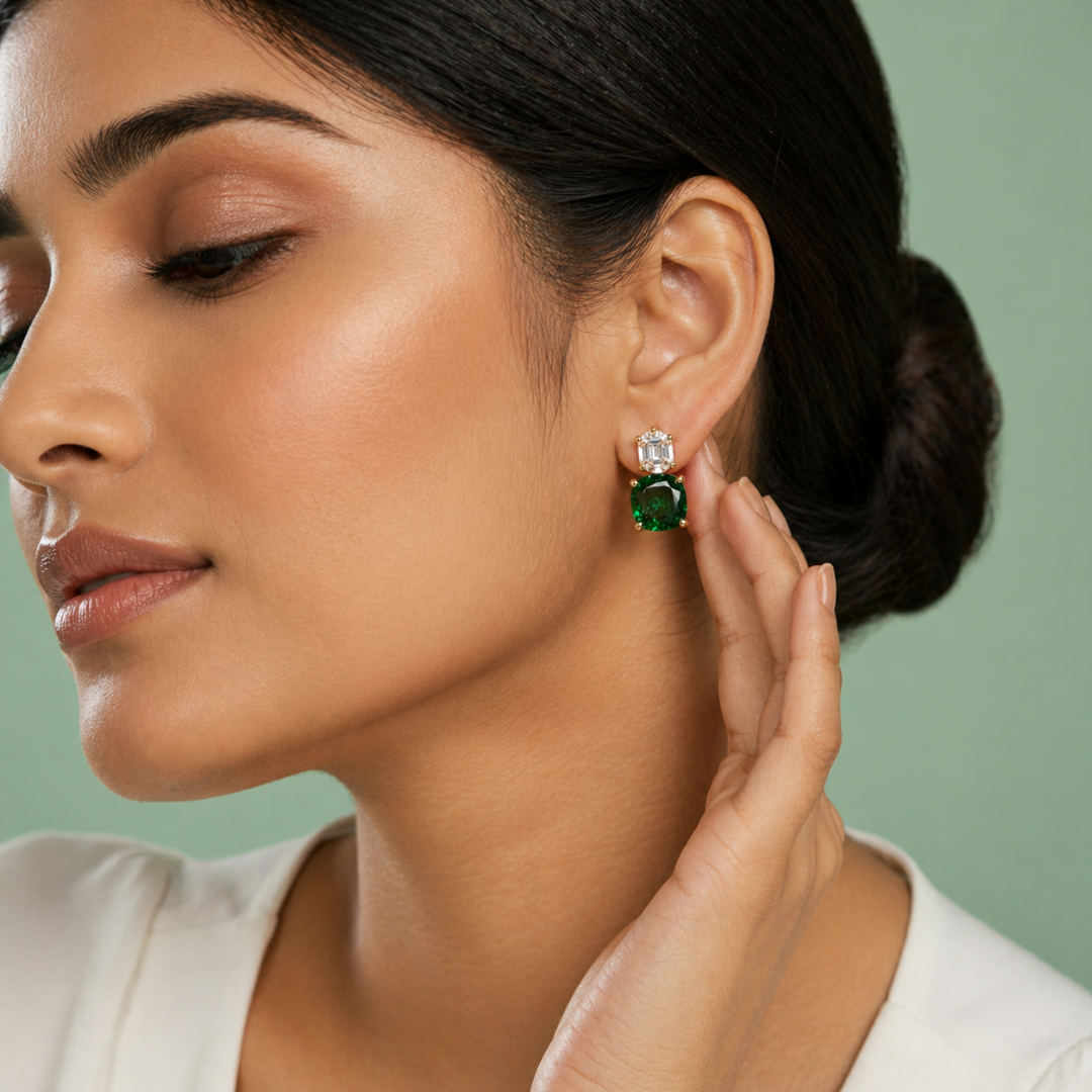 Emerald Green Cushion Cut Stud Earrings with Emerald-Cut Top in 925 Sterling Silver STB - 1501