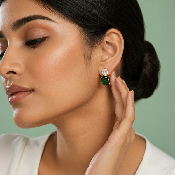 Emerald Green Cushion Cut Stud Earrings with Emerald-Cut Top in 925 Sterling Silver STB - 1501