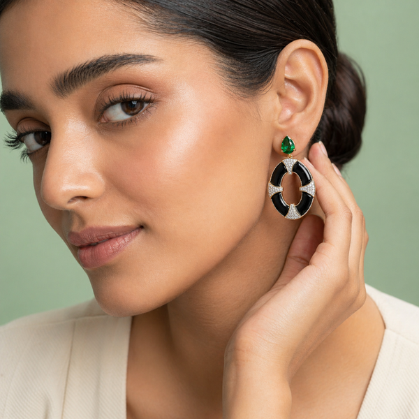 Emerald Green & Black Enamel Statement Hoop Earrings in 925 Sterling Silver STB - 1737