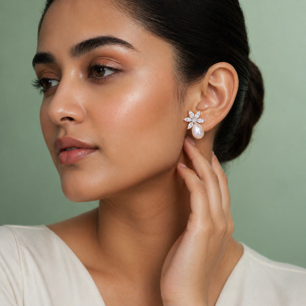 Floral Pearl Drop Earrings with CZ Stones in 925 Sterling Silver STB - 1779