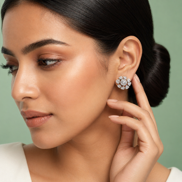 Floral Diamond Cluster Stud Earrings in 925 Sterling Silver STB - 1439