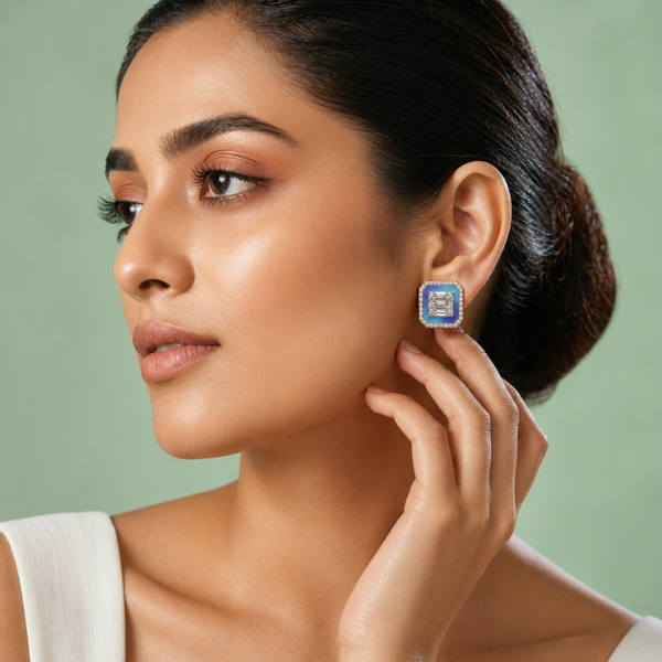 Blue Enamel Square Stud Earrings with Baguette Diamond Center in 925 Sterling Silver