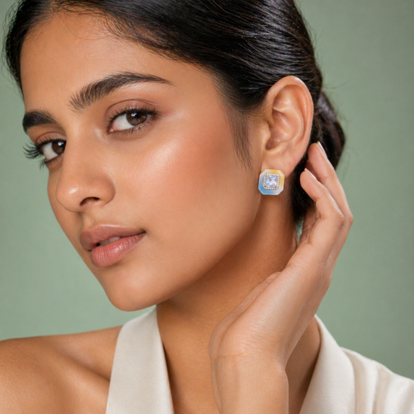 Octagon Halo Crystal Stud Earrings with Dual Tone Finish in 925 Sterling Silver STB - 1711