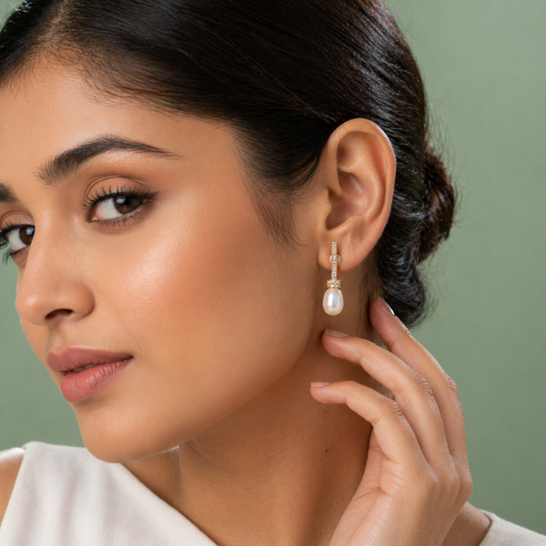 Minimal Pearl Drop Bar Earrings with Zircon Detailing in 925 Sterling Silver STB - 1444