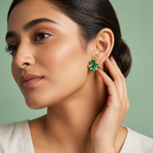 Emerald Cluster Stud Earrings with Zircon Accents in 925 Sterling Silver STB - 1476